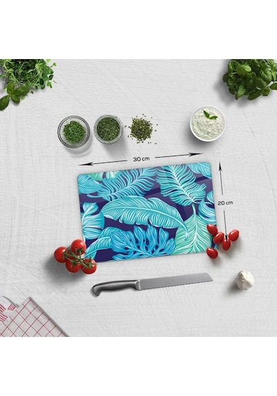 Decorita 10011501055 Mavi Tropik Yapraklar Cam Kesme Tahtası, 20cm X 30cm Diğer