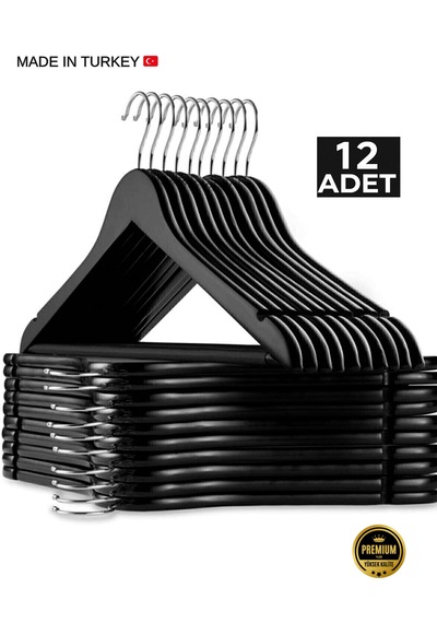 12 Adet - Ahşap Görünümlü Plastik Akalite Siyah Elbise Askı