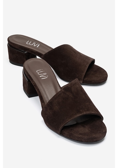Luvi Shoes Delavıe Kahverengi Süet Hakiki Deri Kadın Kalın Topuklu Terlik