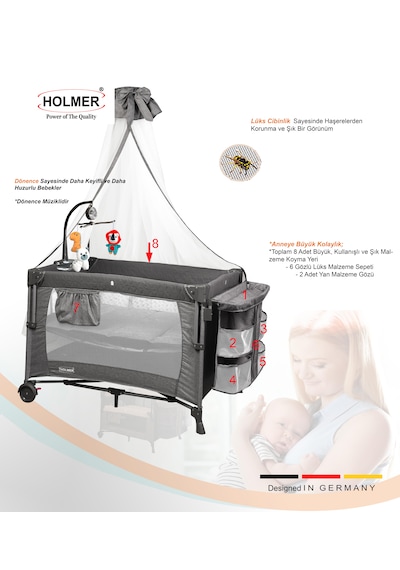 Holmer Coolstyle Premium Cibinlikli Dönenceli Anne Yanı Oyun Parkı Beşik 70x110cm Koyu Gri
