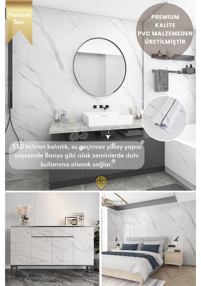 Trendpoint Kendinden Yapışkanlı Mermer Görünümlü 60cm 100cm Premium Zemin Duvar Kağıdı Dolap Kaplama 60 CM X 100 CM