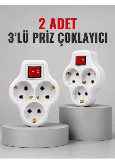 Direkt Duvar Prizine Takılan 3 Lü Priz Adaptörü Anahtarlı Priz Çoklayıcı 2 Adet Diger