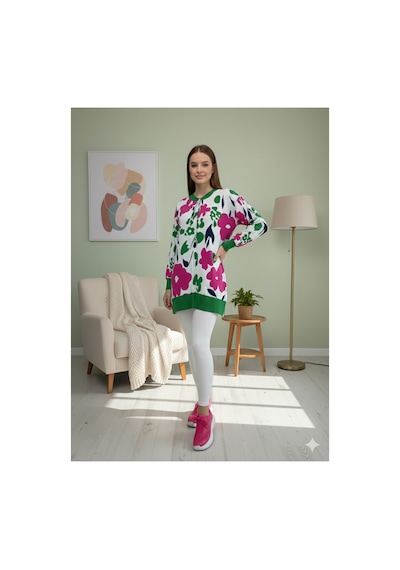 Polologin Butik Kadın Çiçek Desenli Jakarlı Uzun Ribanalı Tunik - Fuşya/yeşil Yeşil
