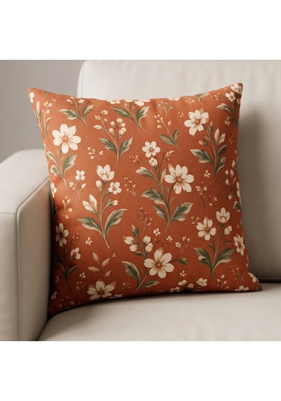 4'lü Kiremit Krem Vintage Çiçek Ve Etnik Desenli Dekoratif Kırlent Kılıfı Seti - Çift Taraflı 43x43 Cm Kiremit Kırmızısı