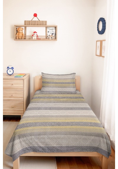 Gri Çizgili Geometrik Tek Kişilik Pike Takımı - Modern Sarı Bej 160x220 Cm Kapitone Yatak Örtüsü Mercansı Kakao Dengesi