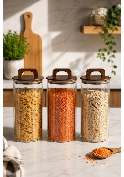 Aria- 3'lü Borosilikat Bambu Kapaklı Kavanoz 1300 Ml Çizgili Kahverengi