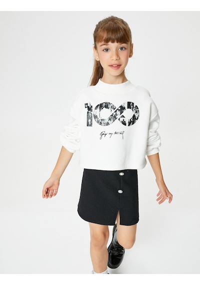 Koton Cumhuriyet Baskılı Crop Sweatshirt Uzun Kollu Bisiklet Yaka Şardonlu Ekru 4wkg10250ak 4WKG10250AK010 Ekru