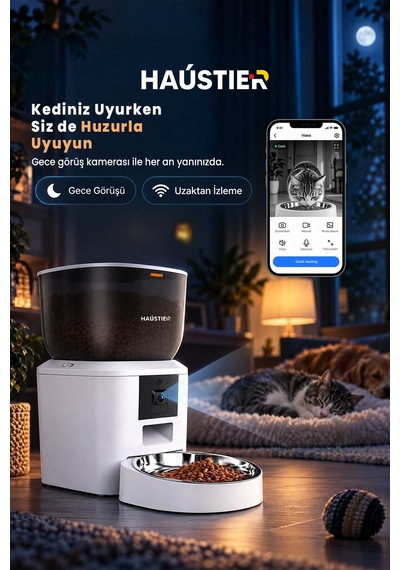 Qq029 Kameralı 1080p Gece Görüş, Akıllı Otomatik Kedi Mama Kabı, 2.4ghz/5ghz, 4lt, Metal Kase