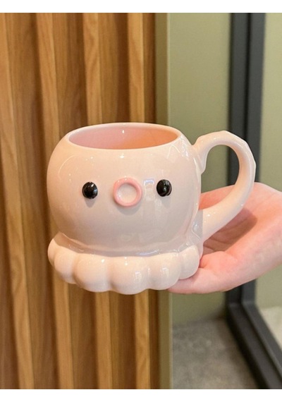 Ahtapot Temalı Kaşıklı Kapaklı Seramik Kupa Sarı