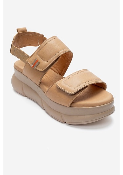 Luvishoes Celeste Koyu Bej Hakiki Deri Cırt Bantlı Kadın Kalın Tabanlı Sandalet