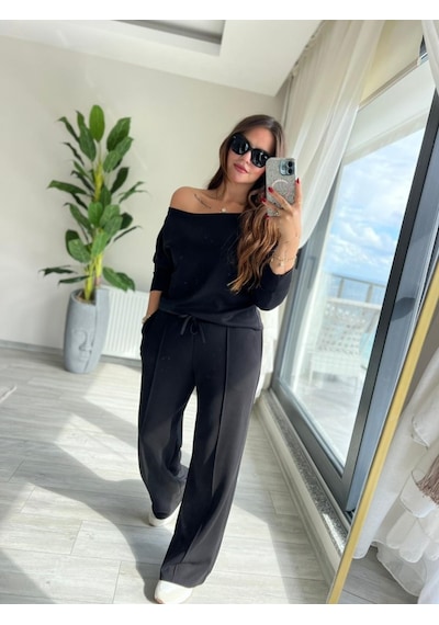 Efnaz Style Kadın Uzun Kollu Tek Omuzdan Açık Modal Bluz Ve Pantolon Ikili Takım Siyah