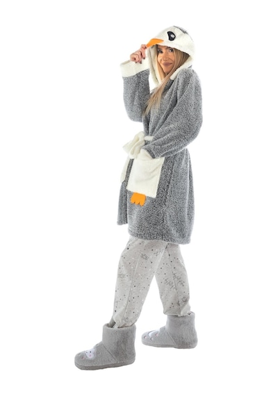 Zeynep Tekstil Penguen Nakışlı Kapşonlu Wellsoft Peluş Sabahlık Bornoz L/xl Çok Renkli