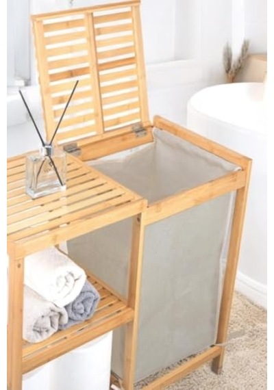 Bambu 3 Raflı Kumaş Sepetli Banyo Düzenleyici Kirli Çamaşır Sepeti Db-0046 Diğer