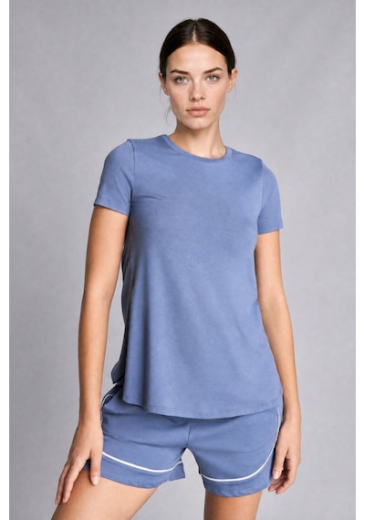 Defacto Yan Yırtmaçlı Long Fit Bisiklet Yaka Kısa Kollu Sporcu Tişört G0779ax26aube364 Mavi-be364