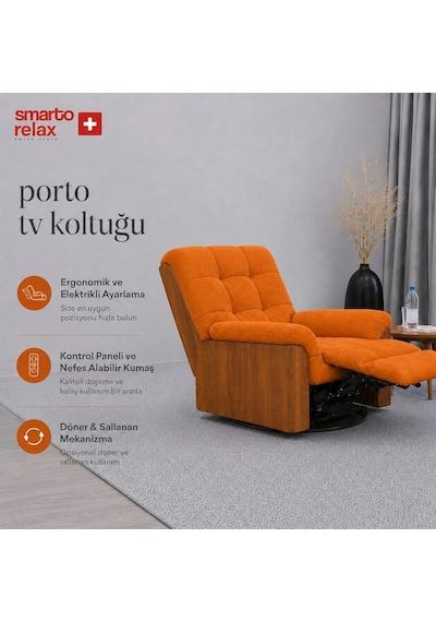 Smarto Relax Porto Tv Koltuğu Ahşap Yan Panelli Döner Ve Elektrikli Döner Sallanan Kontrollü Nefes Alabilir Kumaş Baba Koltuğu Turuncu