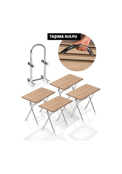 Lumis Garden 4'lü Katlanır Mdf Mebran Atlantik Çam Desen Çanta Zigon Sehpa Krom Ayak Gri