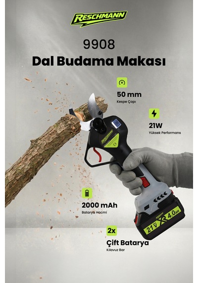 Reschmann R-9908 Gri Profesyonel Şarjlı Dal Budama Makası 21v / 50mm