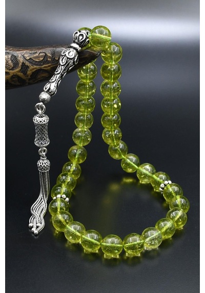Doğal Peridot Taşlı Tesbih 925 Ayar Gümüş Püsküllü 10mm Küre Kesim 902555