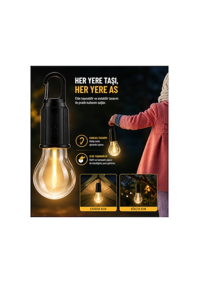 Taşınabilir Askılı Ampul Kamp Lambası,solar Ve Usb Type-c Şarjlı Led Ampul Lamba,su Geçirmez,iç/dış Mekan,kamp,çadır,bahçe,aydınlatma Şeffaf