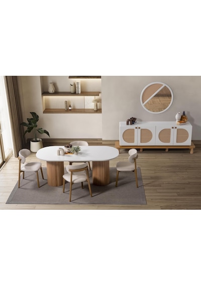 Narven Bohem Natural Ahşap Masa Sandalye Takımı 90x180 Meşe - Beyaz