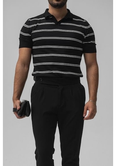 Tarz Cool Erkek Paralel Polo Yaka Slim T-shirt Siyah