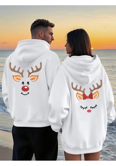 Nevermind Sevgili Çift Kombin Hoodie Geyik Baskılı Çift Kapüşonlu Sweatsh Beyaz