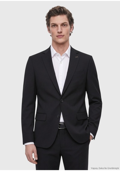 Ramsey Siyah Düz Modern Fit %100 Yün Takım Elbise