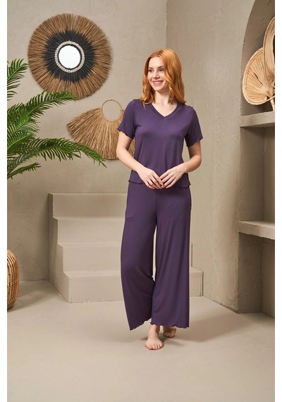 Pjs 25109 Kadın V Yaka Kısa Kollu Bol Paçalı Pijama Takım Mor