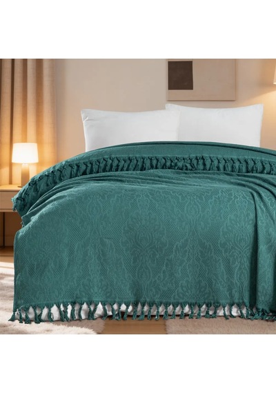 Aryıldız Home 240x260 Cm Bambu Jakarlı Saçaklı Pike - Petrol Çok Renkli
