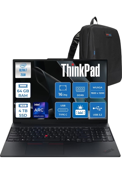 Lenovo ThinkPad E16 Gen 3 21SR006RTXF30 Ultra 7 255H 64 GB 4 TB SSD 16" Free Dos Dizüstü Bilgisayar + Zetta Çanta