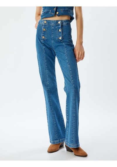 Koton İspanyol Paça Kot Pantolon Yüksek Bel Slim Fit Düğme Detaylı - Flare Jeans Orta İndigo 5wal40152md İndigo