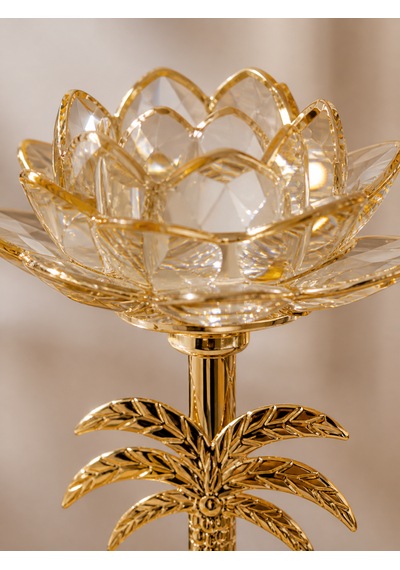 3 Lü Palmiye Tasarımlı Dekoratif Şamdan Mumluk Seti Gold Metal & Cam Detaylı 33 Cm 27 Cm 23 Cm Modern Lüks Ev Dekoru