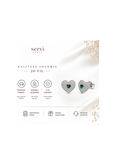Servi 925 Ayar Gümüş Emerald Love Zümrüt Rengi Taşlı Kalp Küpe-542