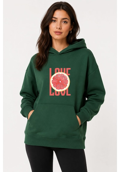 Herkesemoda Portakal Dilimi Baskılı Kapüşonlu 2 İplik Şardonlu Sweatshirt Yeşil