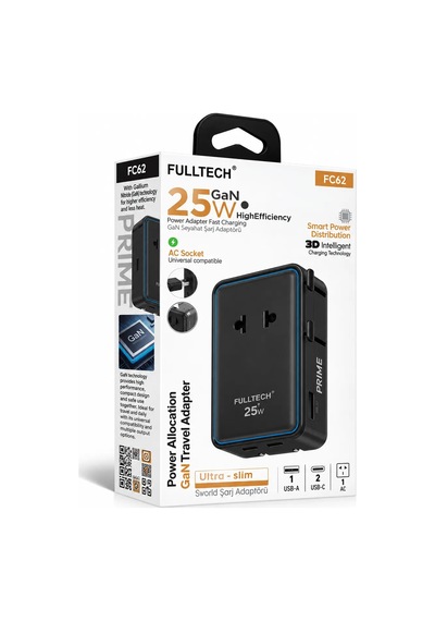 Fulltech Fc62 25w Gan Evrensel Seyahat Şarj Adaptörü - Çoklu Ülke Priz Dönüştürücü, 4'ü 1 Arada 1x Ac Priz, 2x Type-c, 1x Usb-a Siyah Fulltech Fc62 25w Gan Evrensel Seyahat Şarj Adaptörü - Çoklu Ülke Priz Dönüştürücü, 4'ü 1 Arada 1x Ac Priz, 2x Type-c, 1x Usb-a Siyah