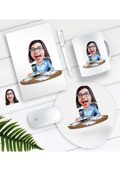 Kişiye Özel Bayan Sunucu Spiker Karikatürlü Defter Kalem Kupa Mouse