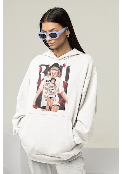 Taylor Swift Baskılı Unisex Oversize Şarkıcı Hoodie Beyaz