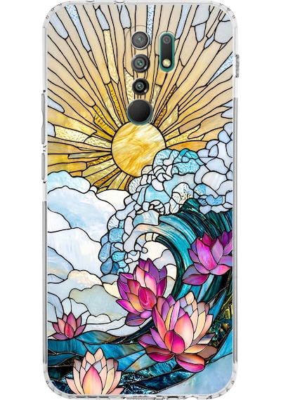 Printify Redmi 9 İle Uyumlu Vitray Okyanus Sabahı Tasarımlı Şeffaf Silikon Kılıf Şeffaf