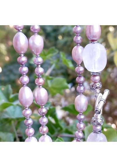 2865 Doğal Pembe İnci Kuvars Zirkon Hematit El Yapımı Uzun Kolye 046 - Pembe