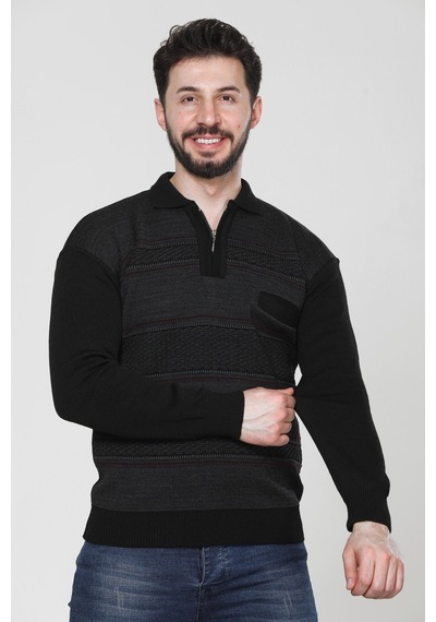 Kzc Tekstil Erkek Baba Orta Yaş Ve Üzeri Triko Örgü Akrilik Kışlık Regular Fit Cepli Fermuarlı Polo Yaka Kazak Siyah