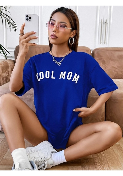 Cool Mom T-shirt - Lacivert Baskılı Oversize Bisiklet Yaka Kısa Kol Tişört Lacivert