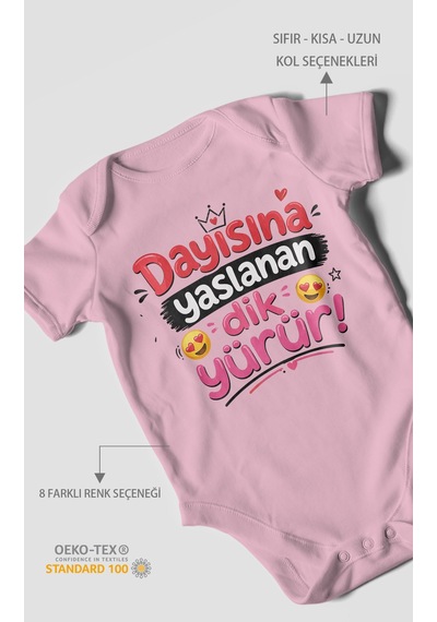Morivokids Dayısına Yaslanan Dik Yürür Kısa Kollu Bebek Body %100 Pamuk Zbn255-kk Koyu Pembe