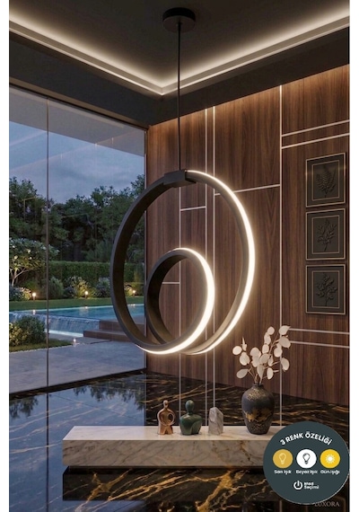 Orjin Siyah Modern Çember Led Sarkıt Avize 3 Renkli Şık Antre & Hol Aydınlatma