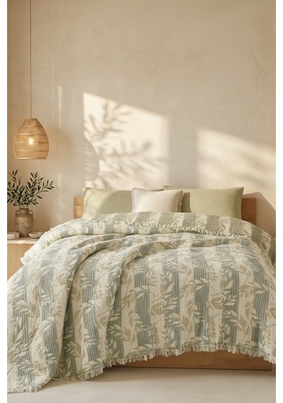 Nuvia 5 Kat Dolgulu Müslin Çift Kişilik Yatak Örtüsü %100 Pamuk Jakar Dokulu 220x240 Cm Yeşil