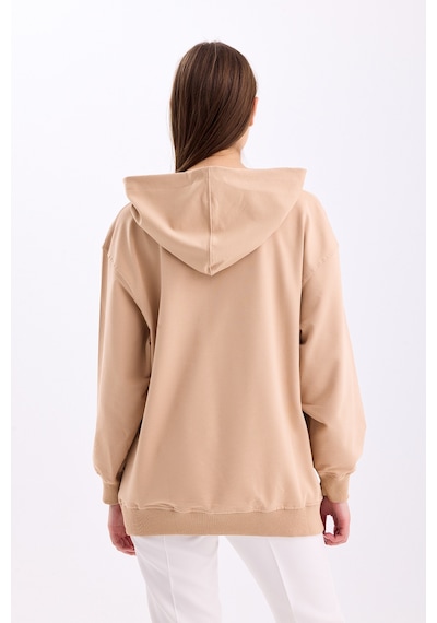 Pastelastore Pamuklu Kapüşonlu 2 İplik Baharlık Oversize Sweatshirt Bej
