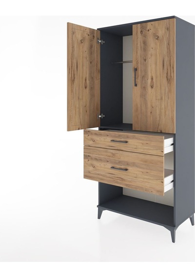 Hyperion Dolap Tek Raflı 2 Çekmeceli Tek Askılı 88x44x195 Antrasit-çam Antrasit