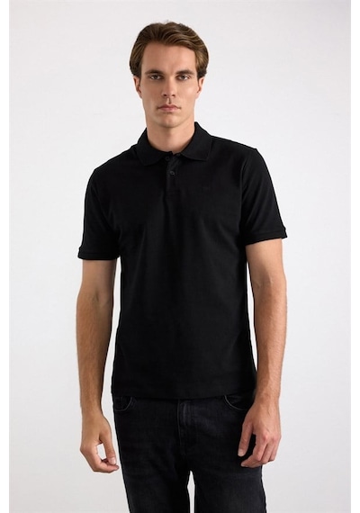 Süvari Siyah Regular Düz Nakışlı Pike Düğmeli Polo Yaka Tişört Ts1014000473-s09
