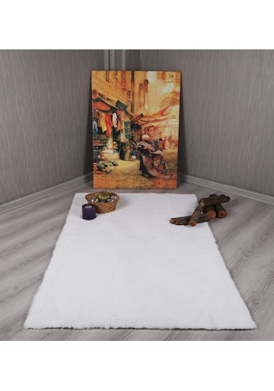 Dekoratif Tavşan Tüyü Ultra Yumuşak Peluş Kaymaz Halı Yolluk Beyaz