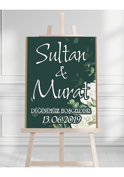 Söz Nişan Düğün İçin 50x70 Karşılama Panosu - Beyaz Çiçek Ve Yeşil Tasarımlı