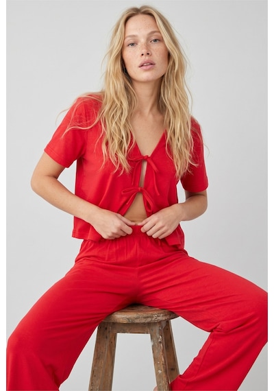 Siyah İnci Bağlamalı Örme Pijama Takım7889 Kırmızı